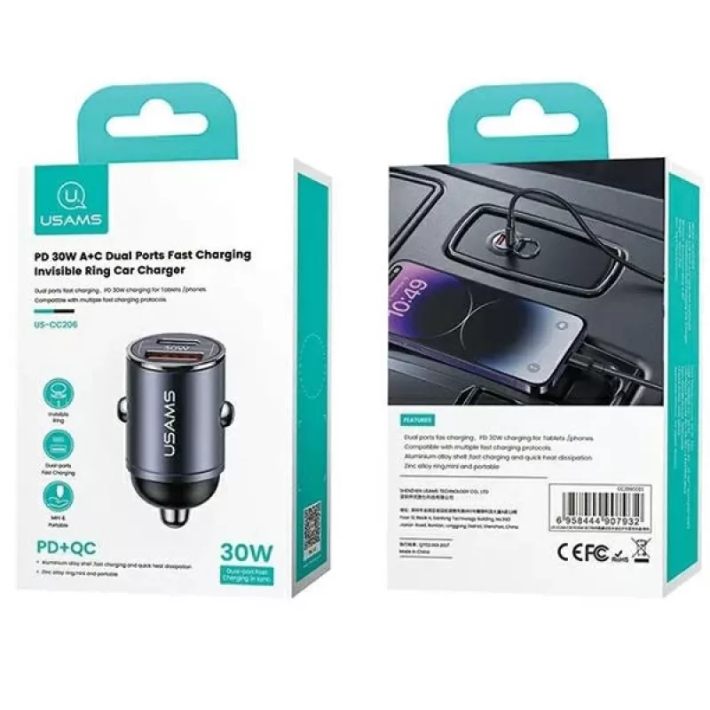 Autolader usams C38 30W — 1x USB-A + 1x USB-C snelladen