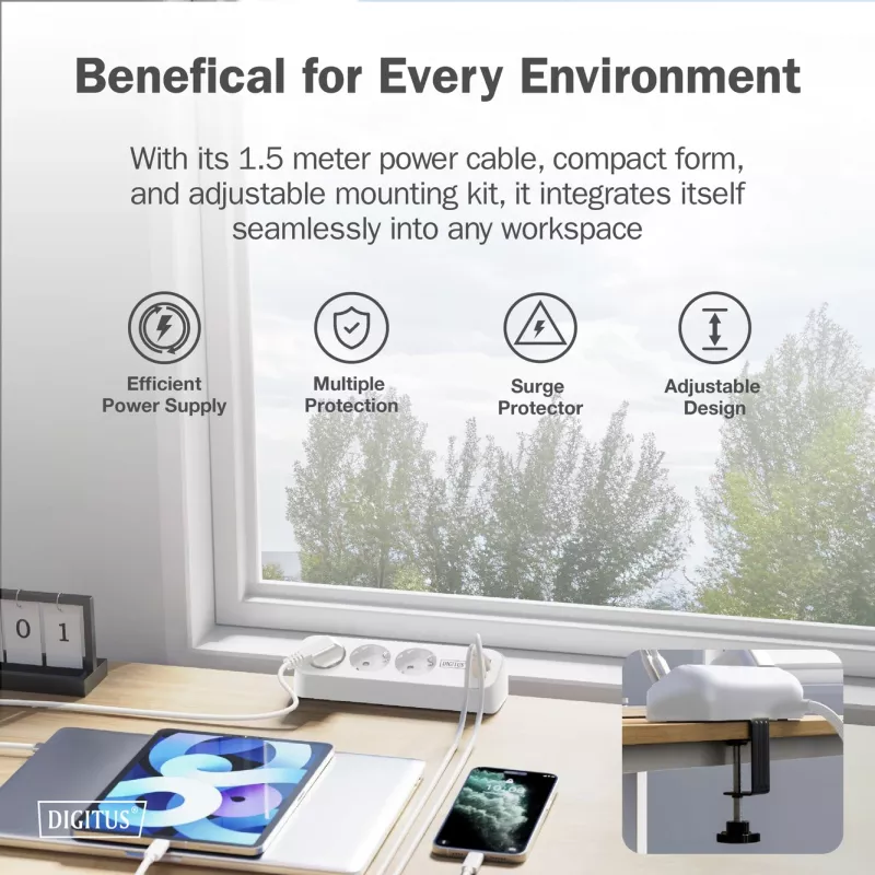 Meervoudig stopcontact DIGITUS 3-voudig met 2×USB-A en 1×USB-C, 3 AC-stopcontacten type E/F, 1,5 m kabel, wit
