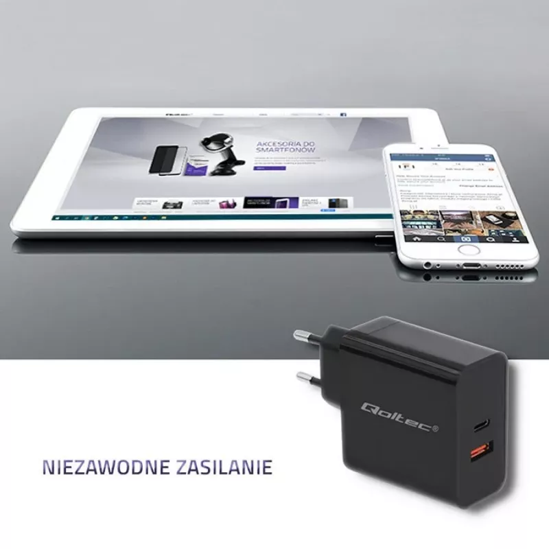 Qoltec 51716 wandlader 63 W, USB-C PD + USB QC 3.0, 5-20 V 1,5-3 A, zwart