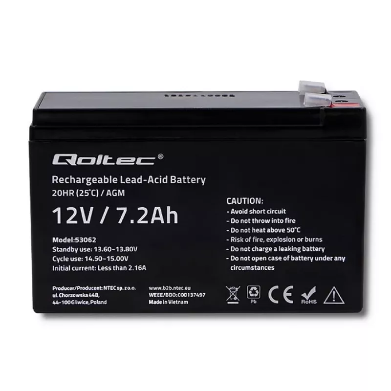 Qoltec 53062 AGM-accu | 12V | 7,2 Ah | max 108A