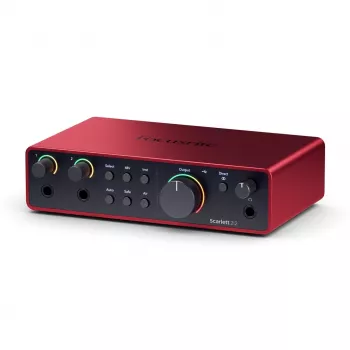 Audio-interface Focusrite Scarlett 2i2 4th Gen — 2-in/2-uit USB-C, 24-bit/192 kHz, 69 dB voorversterker, desktop, zwart/rood