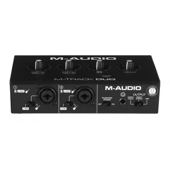 Audio-interface M-Audio M-Track Duo — USB 2-in/2-out, 16-bit/48 kHz, 1x XLR/TS-combo, 1x instrumentingang, 48V fantoomvoeding