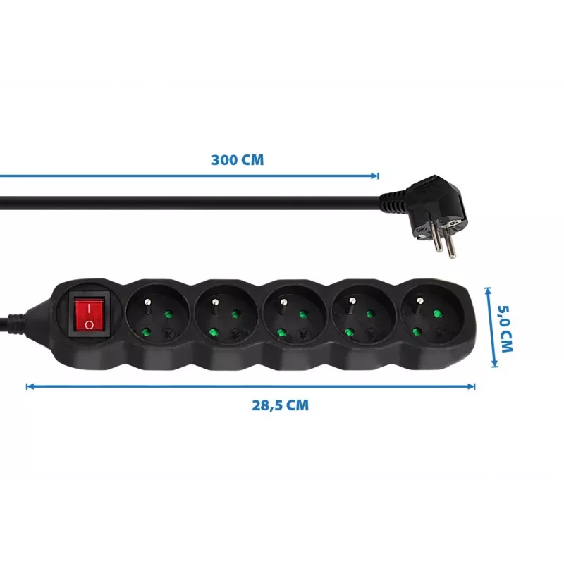 Stroomverlenging ESPERANZA ELK215K – 3 m kabel, 5 Type-E-aardingsstopcontacten, voor binnen, zwart