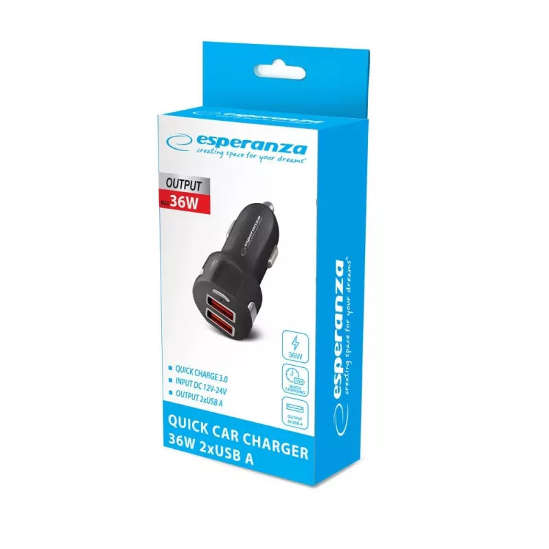 Esperanza EZ110 (EZC110K) autolader, 36 W, 2x USB-A van 18 W, zwart