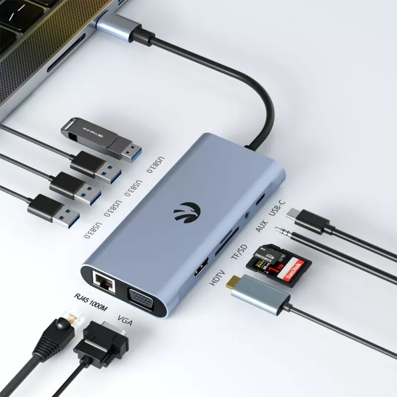 USB-C 11-in-1 adapter Hawk HW-HUB1101 — multiport-hub met 11 aansluitingen