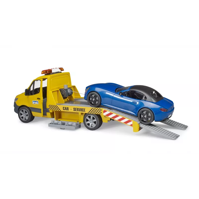 Bruder MB Sprinter autotransporter met licht- en geluidsmodule, oranje/blauw, incl. roadster