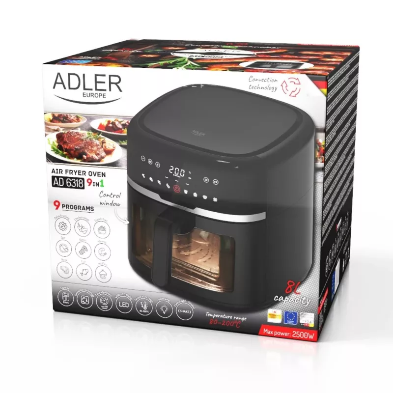 Adler AD 6318 airfryer, 8 l, 2500 W, lcd-display, 9 programma's, zwart