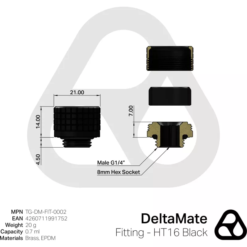 Thermal Grizzly DeltaMate HT16 Waterkoelingsfitting, Zwart