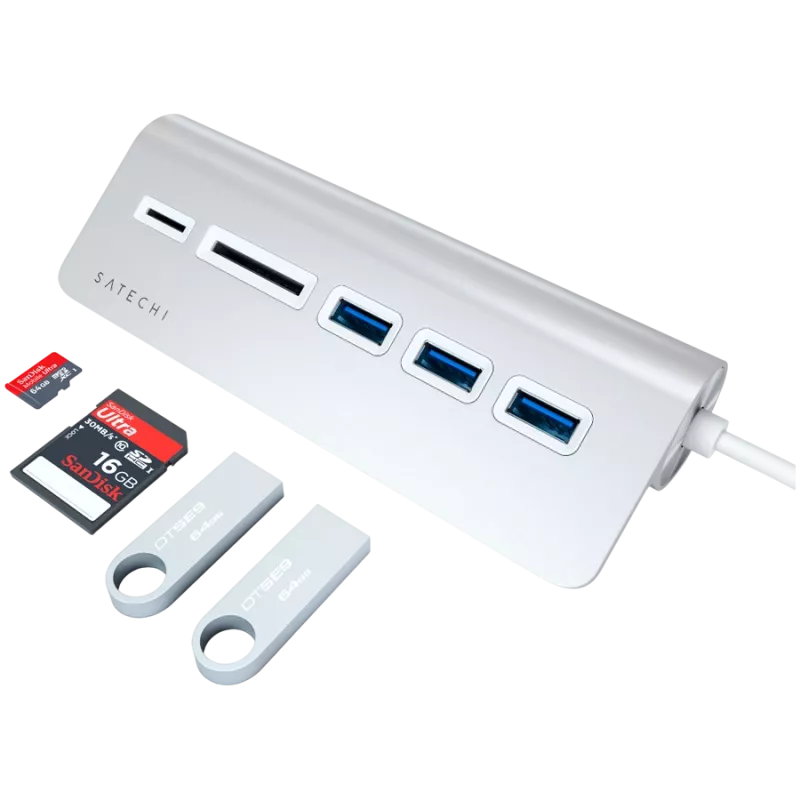 Satechi Type-C aluminium USB-hub & kaartlezer, zilver, ST-TCHCRS