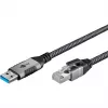 Ethernet-kabel USB-A 3.2 Gen1 stekker > RJ-45 stekker, LAN-adapter zwart/zilver, 2 meter, gevlochten textielmantel