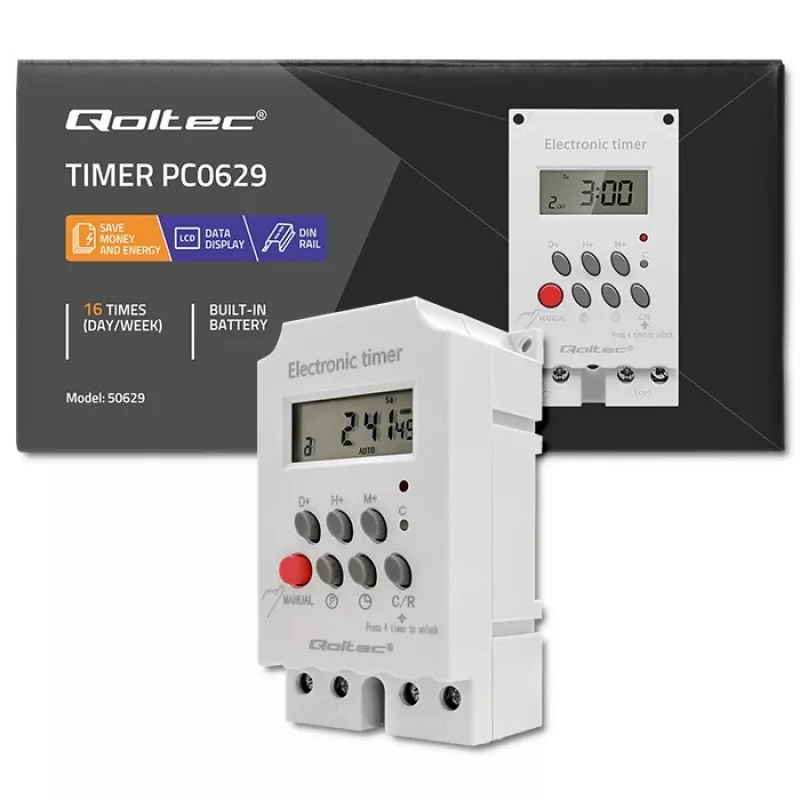 Elektronische DIN-rail tijdschakelaar QOLTEC PC0629 — 24V voeding, 16A uitgang
