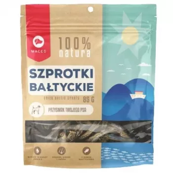 Hondensnack MACED sprot 85 g — vissnack voor volwassen honden, proteïne 49% vet 38%, vrij van conserveringsmiddelen en gluten
