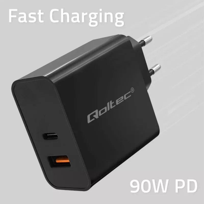 Qoltec 52381 Super Quick PD-oplader | 1xUSB-C | 1xUSB | 90W | 5-20V | 2,4-4,35A | zwart