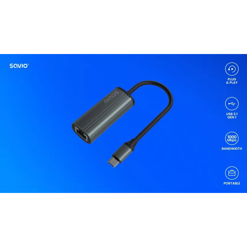 SAVIO-adapter USB-C 3.1 Gen.1 (M) naar RJ-45 Gigabit Ethernet (F), 1000 Mbps, AK-56, grijs