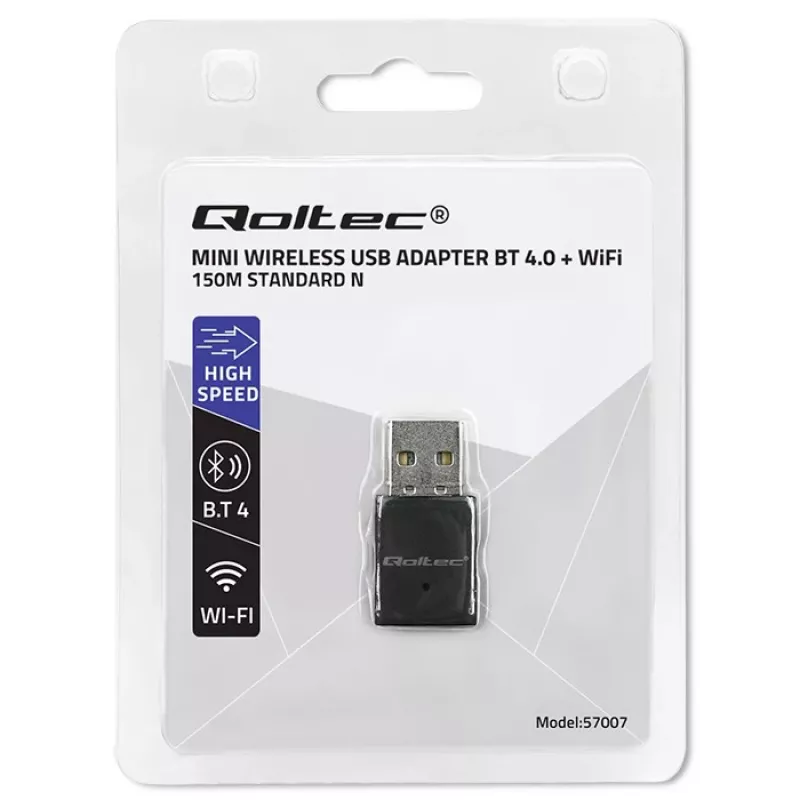 Compacte draadloze mini-USB-WLAN-adapter QOLTEC 57007 – single-band 2,4 GHz, tot 150 Mbit/s, interne antenne