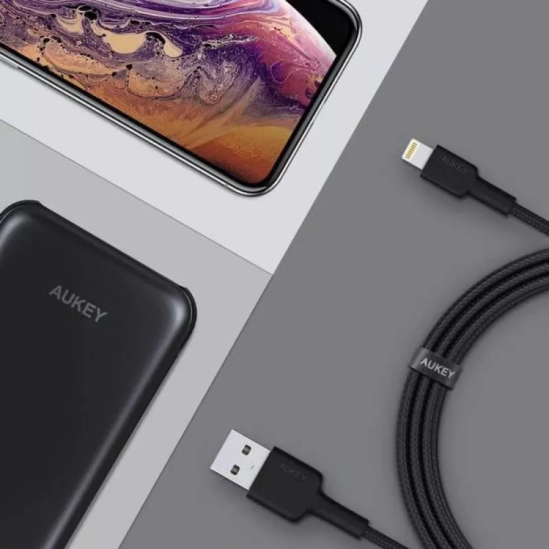 AUKEY CB-AL05 Lightning-naar-USB-A MFi-nylonkabel, 2 m, zwart