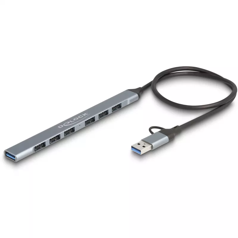 Delock 64273 slanke 7-poorts USB-hub, USB Type-C of Type-A naar 1x USB 5 Gbps Type-A + 6x USB 2.0 Type-A