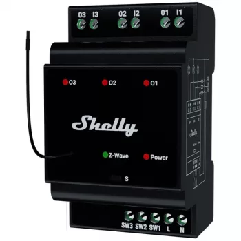 Slim relais Shelly Wave PRO 3 — zwart, kunststof behuizing, 110–240 V AC, 50–60 Hz, 0,3 W, 53×59×96 mm