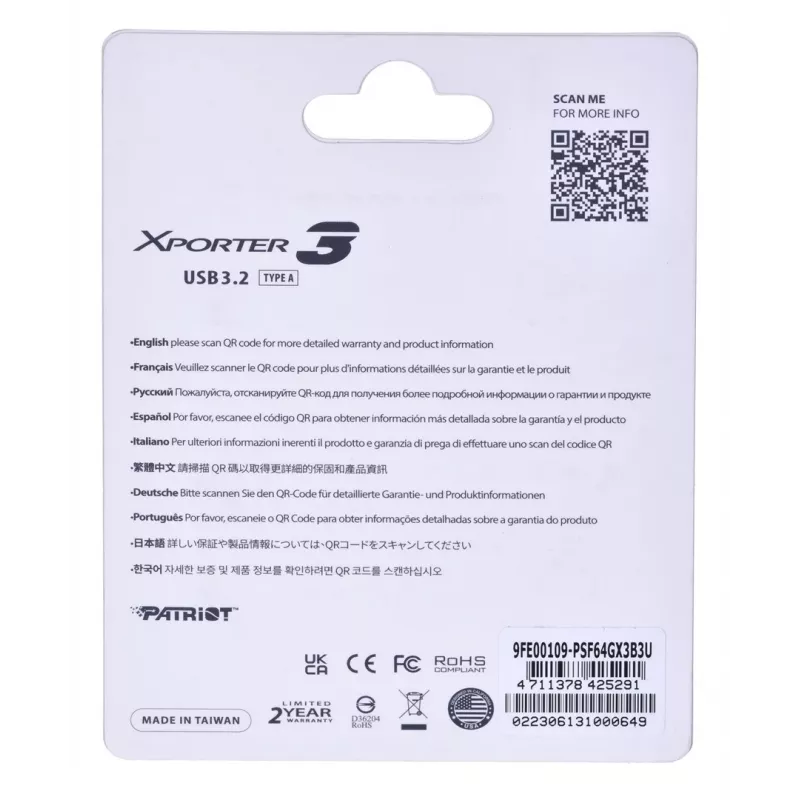 USB-flashdrive PATRIOT Xporter 64 GB USB Type-A 3.2 Gen 1 (schuif, zwart, 80 MB/s)