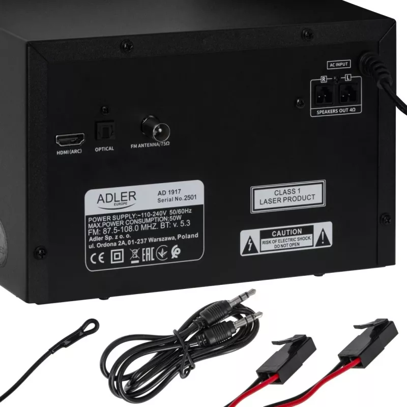 Mini hifi-stereosysteem Adler AD 1917 — Bluetooth V5.3, cd/usb/mp3, 2×25 W RMS, FM-tuner, 4-bands equalizer, AUX, zwart