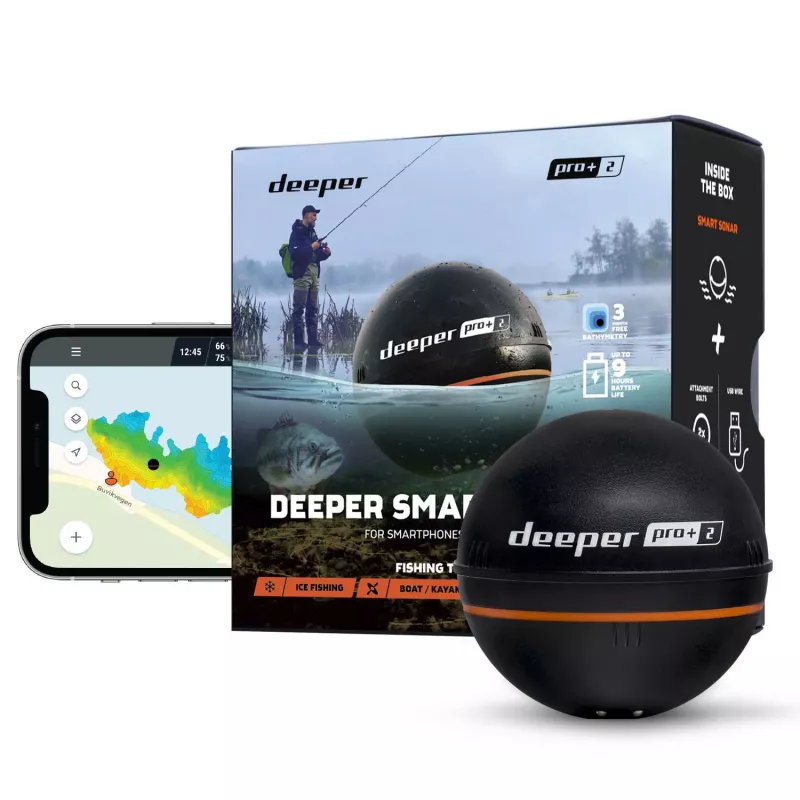 Deeper Smart Sonar PRO+ 2 uitwerpbare fishfinder, 100/240/675 kHz, 100 m diepte, wifi, GPS, tot 9 uur, zwart