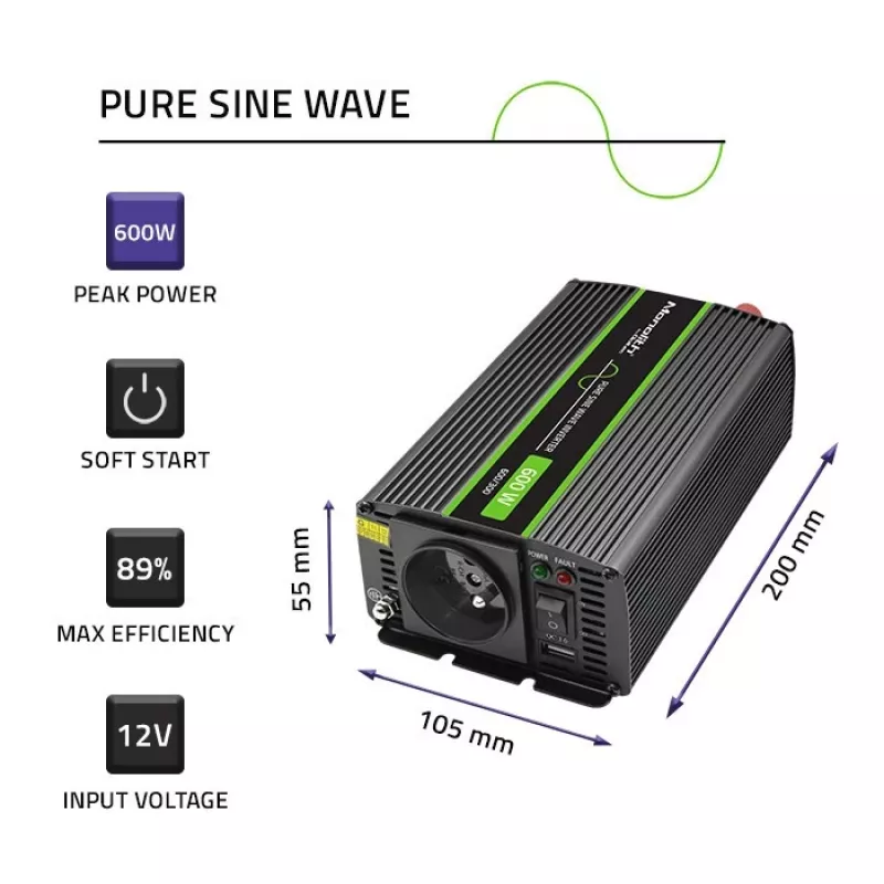 Qoltec Monolith spanningsomvormer auto 600 W 12 V