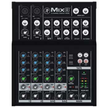 Mixer Mackie Mix8 — 8-kanaals compacte analoge mixer, 20–30000 Hz, 3800 Ω microfooningangsimpedantie, 198×244×53 mm