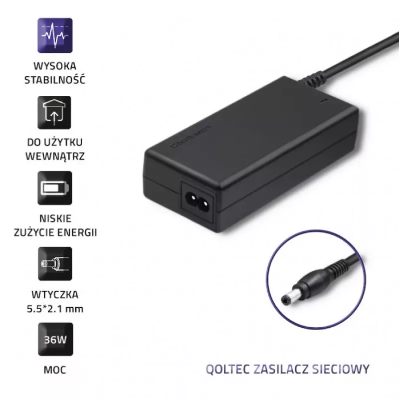 Qoltec 50769 desktopvoeding 36 W, 12 V, 3 A, 5,5 x 2,1 mm, met netsnoer