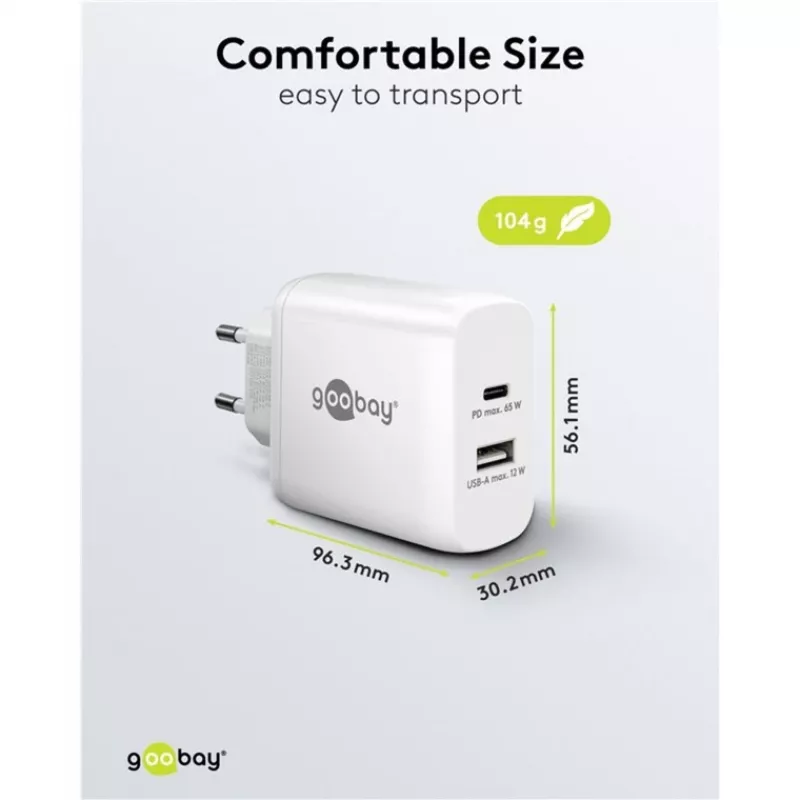 USB-C dual-snellader, PD, GaN, 65 watt (wit, 1x USB-C, 1x USB-A, Power Delivery)