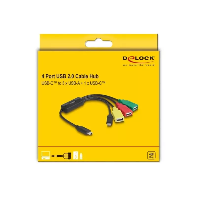DeLOCK 4-poorts USB 2.0 kabel-hub USB Type-C naar 3 x USB-A bus + 1 x USB-C stekker