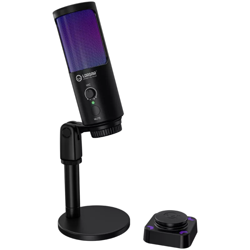LORGAR SMP40, RGB-microfoon met externe mute-knop en metalen standaard, zwart