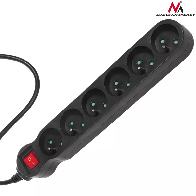 Verlengsnoer MACLEAN MCE225 — 1.5 m kabel, 6 Type F AC-stopcontacten, binnen, zwart