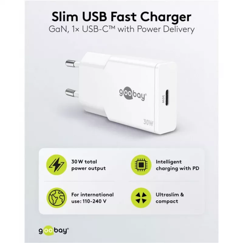 USB-C PD GaN slanke snellader (30 W) (wit)