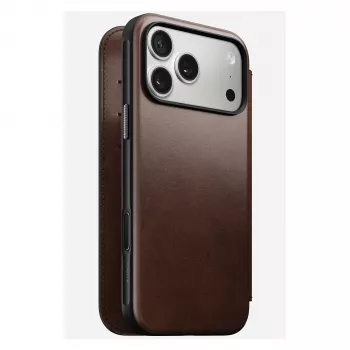 Nomad Modern Leather Folio Handyhoesje Cover voor iPhone 17 Pro Max — bruin, leer, 6,3 inch scherm, 4 kaartvakken