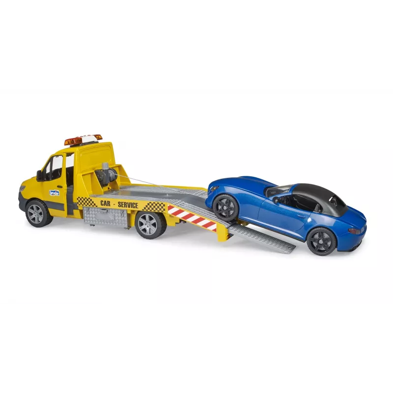 Bruder MB Sprinter autotransporter met licht- en geluidsmodule, oranje/blauw, incl. roadster