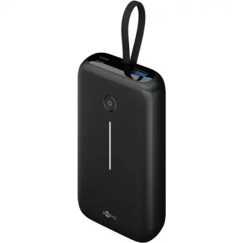 Powerbank 20.000 mAh, geïntegreerde USB-C-kabel 13 cm, 30 watt (zwart, 20 Ah, 1x USB-A, 2x USB-C, PD, QC)