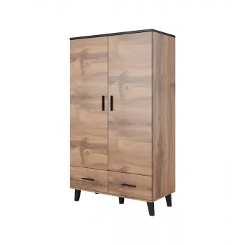 Kledingkast cama meble LOTTA 2D2D, 2-deurs, Wotan-eiken frame, matzwarte fronten, 1100×550×1900 mm