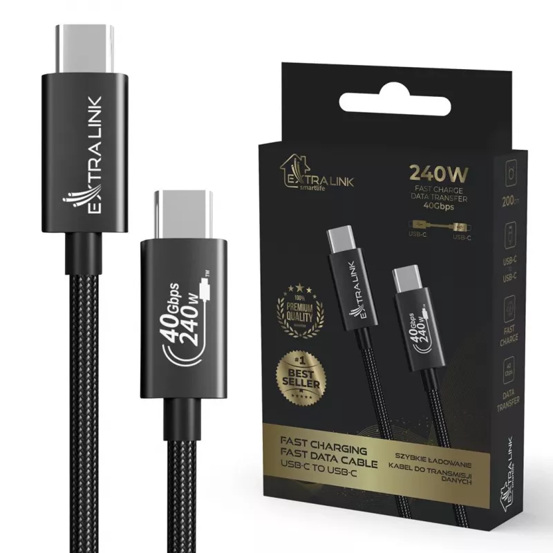Extralink Smart Life CABESL05 USB-C naar USB-C-kabel, gevlochten, 240 W, 40 Gbps, 2 m, zwart