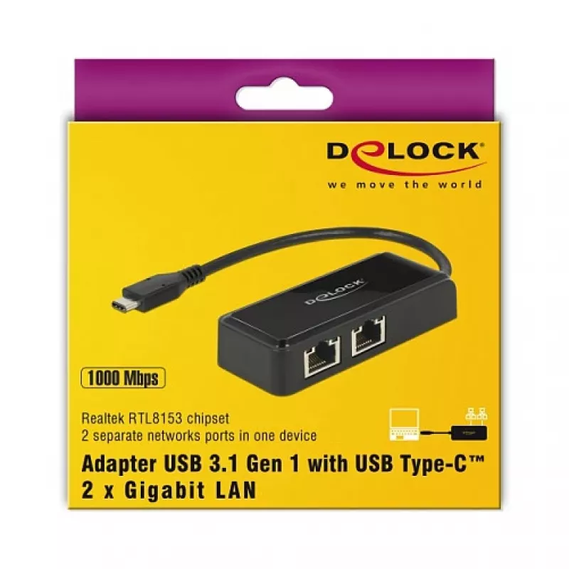 DeLOCK 63927 USB-C naar 2x Gigabit LAN-adapter, zwart