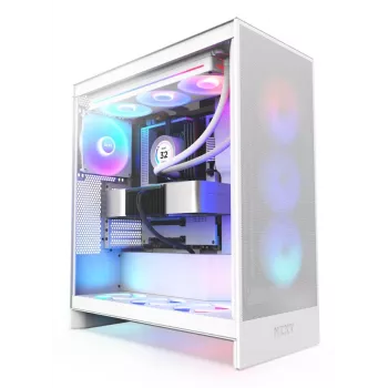 PC-behuizing NZXT H7 Flow RGB Midi Tower wit — gehard glas, EATX, voor 3×120mm, USB-C