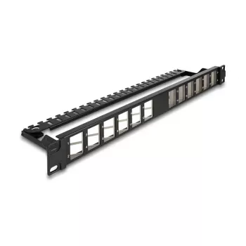 DELOCK 19 inch Keystone patchpanel 24 poorten haaks met trekontlasting, 1U, zwart, 482,6×125,5×44,2 mm