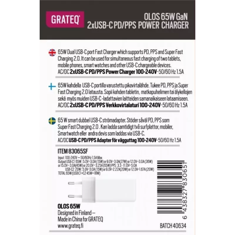 GRATEQ OLOS wandlader PD/PPS, 2x USB-C, GaN, 65 W