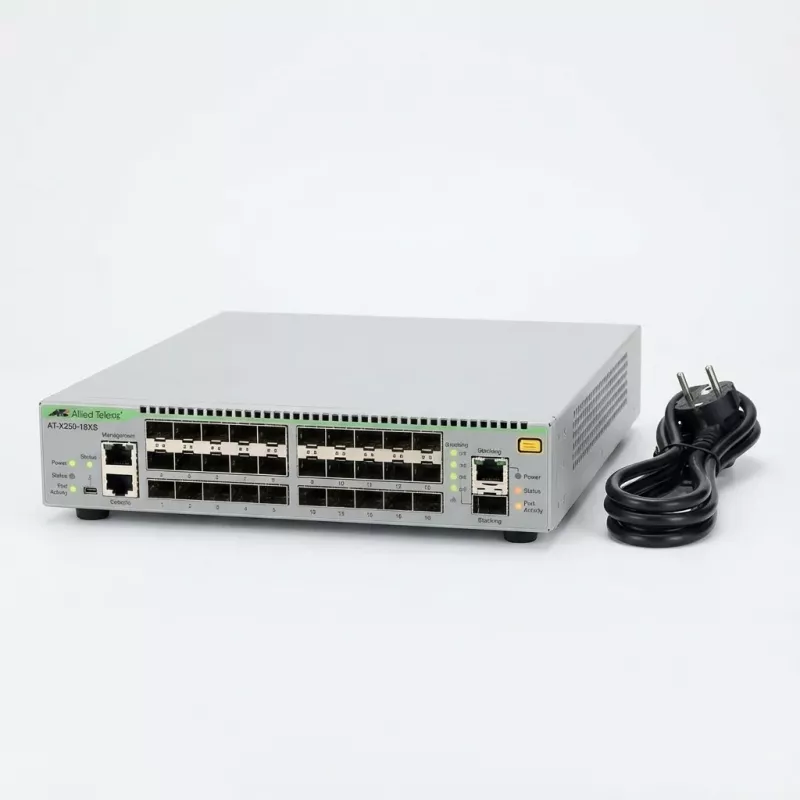 Allied Telesis Deze prijs dient alleen voor budgetdoeleinden 10 Gigabit Layer 3 Lite stackable switch, 18x SFP+-poorten, EU-netkabel. incl. LLW (AT-X250-18XS-50)