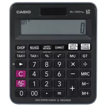 Tafelrekenmachine CASIO MJ-120D PLUS — eenvoudig 12-cijferig, batterij/zonne-energie, 35 toetsen, belasting & vierkantswortel, zwart