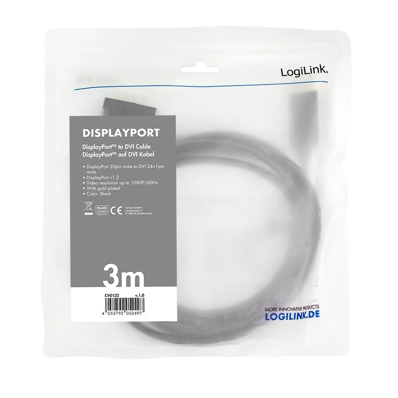 Videokabeladapter LogiLink CV0132 DisplayPort naar DVI 3m zwart