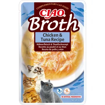 Natte kattenlekkernij INABA Ciao Broth kip & tonijn 40 g — vlezige vloeibare snack in zakje, 9,4% eiwit, 88% vocht