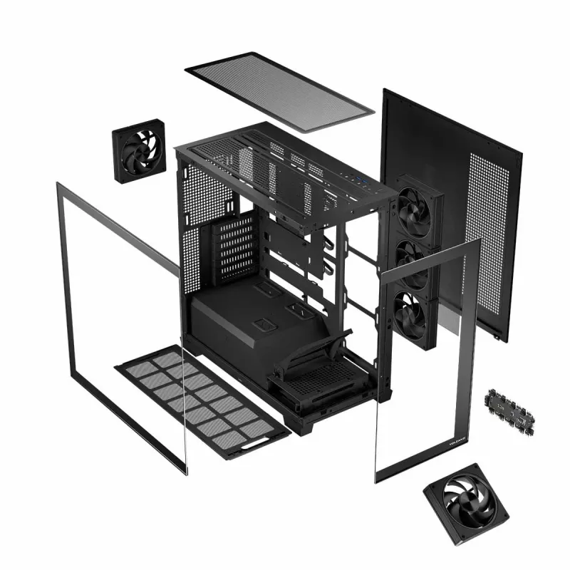 PC-behuizing MODECOM Volcano Stellar 5F ATX Midi Tower, gehard glas, 5 voorgeïnstalleerde ventilatoren, USB‑C, ondersteunt microATX/ATX, max. GPU 420 mm, CPU-koelerhoogte 175 mm