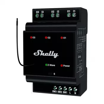 DIN-rail slim relais Shelly WavePro3 3-kanaals Z-Wave, 110–240 V, 25 A per kanaal, AES-128, DIN-montage