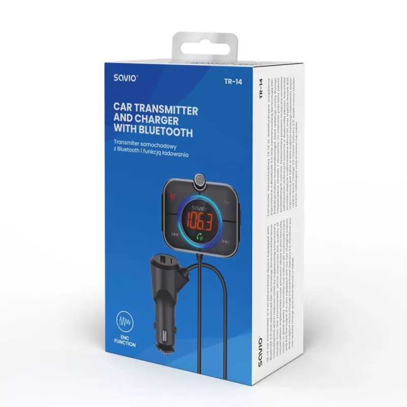 FM-transmitter SAVIO TR-14 Bluetooth USB, FM 87,6–107,9 MHz, MicroSD, USB-C, 12 V autostroom