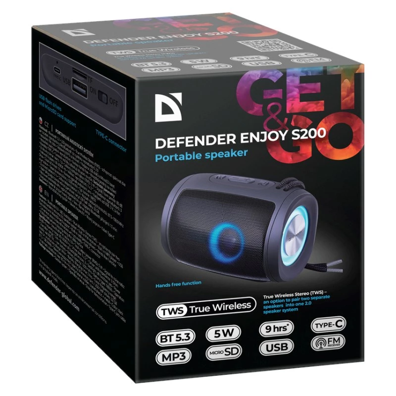DEFENDER Enjoy S200 65200 draagbare Bluetooth-luidspreker, TWS, 5 W, LED-licht, FM, microSD, accu van 10 uur, zwart